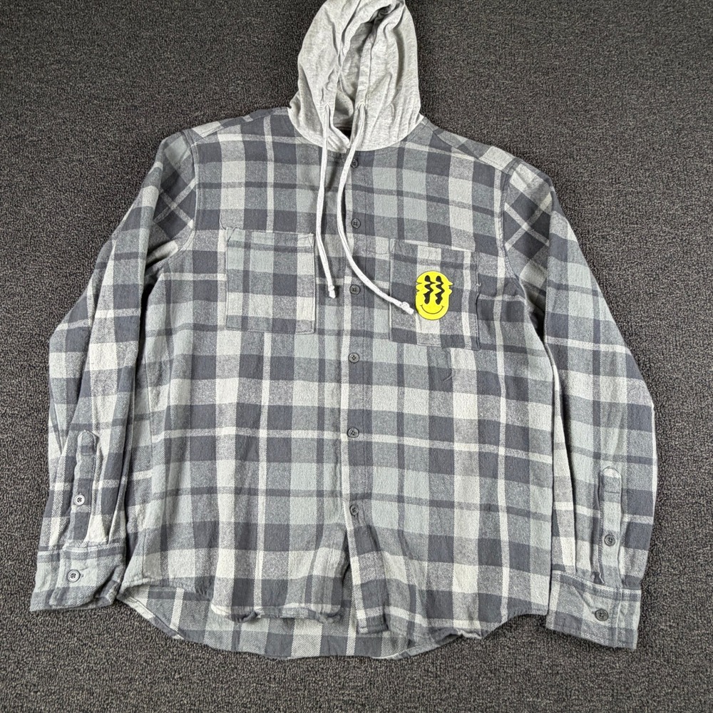 Mad Engine Hooded Flannel Shirt Mens L Grey Plaid Trippy Smiley Graphic EUC